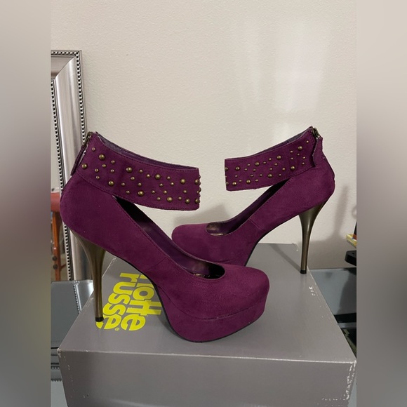 Studded Ankle strap, Zip Up Purple And Metallic Heels, Womens Size 9 - Picture 9 of 9